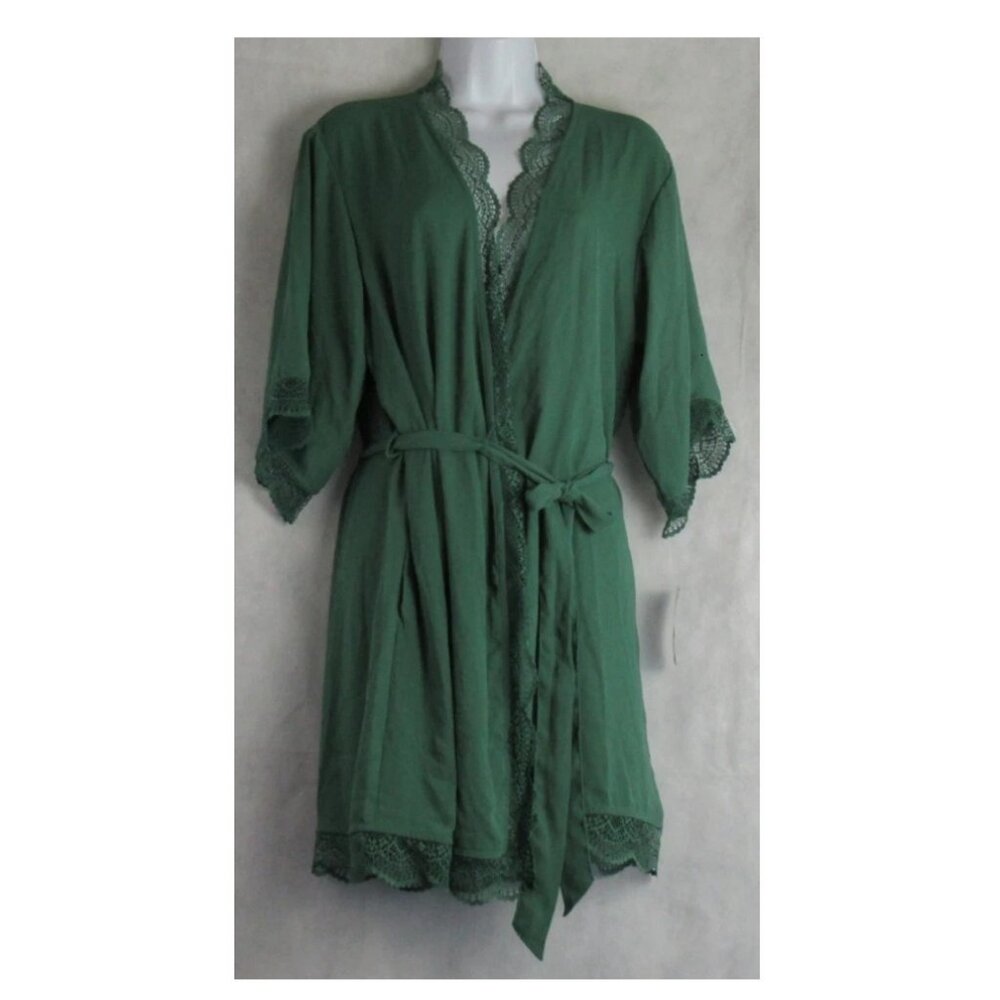 INC International Concepts Women's Lace Trim Short Robe, Smoke Pine Green